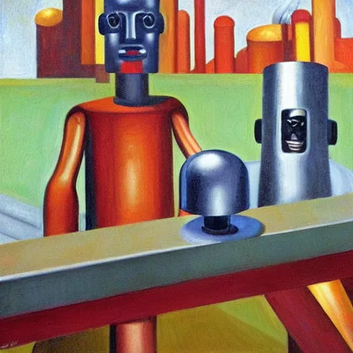 Prompt: robot heads on a conveyor belt, scientists inserting cybernetic brains, grant wood, pj crook, edward hopper, oil on canvas