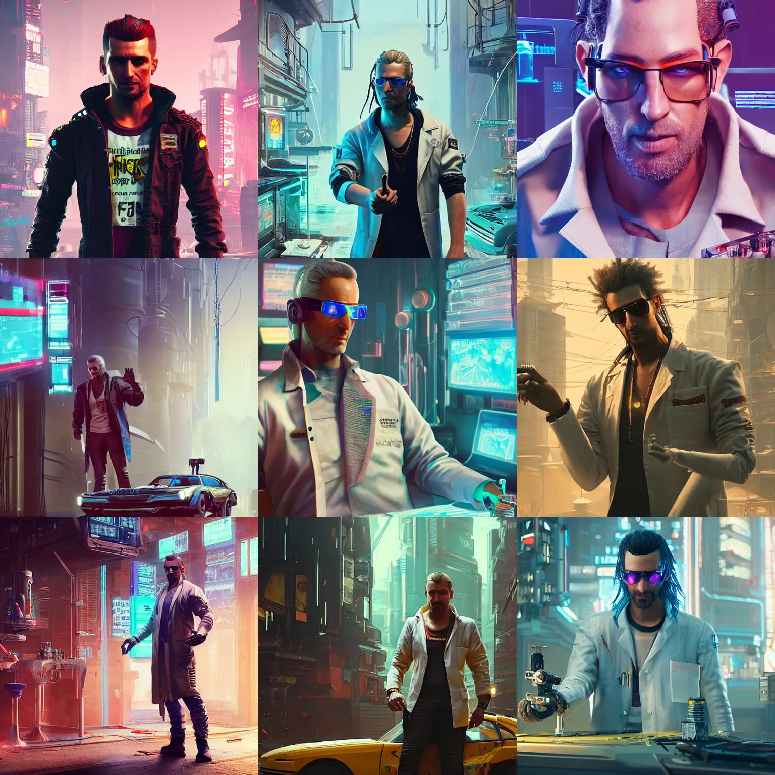 Prompt: a highly detailed epic cinematic concept art cg render digital painting artwork costume design : cyberpunk 2 0 7 7 as a 1 9 5 0 s crazy mad scientist lunatic in a lab coat, with wild unkempt hair. by beeple, trending on artstation,