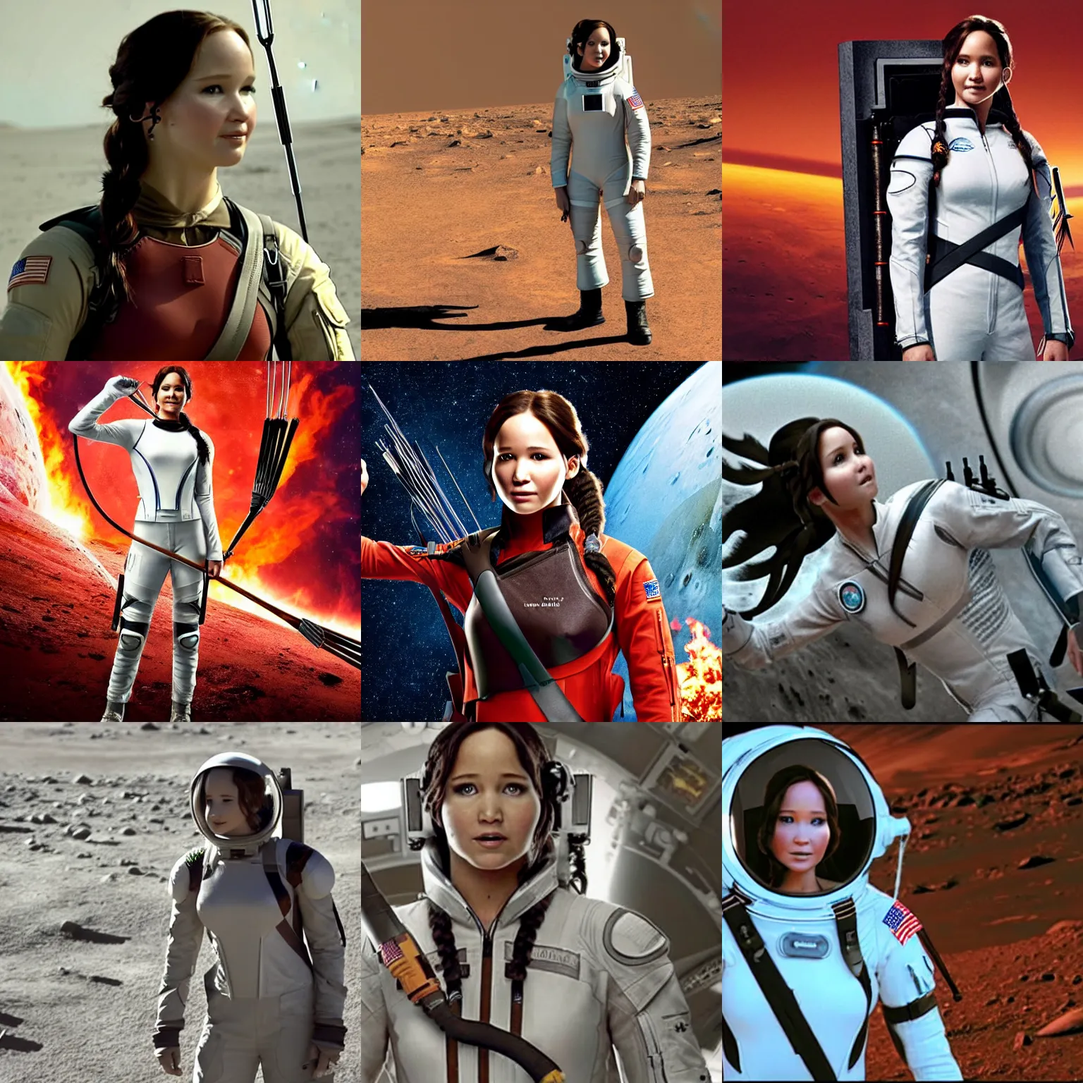 Prompt: Katniss Everdeen as an astronaut, wearing a space suit, on Mars