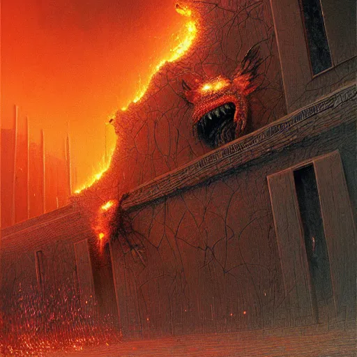 Image similar to unknown creature destroys building in flames, highly detailed, digital image, artstation concept art, smooth, sharp focus, artgerm, alphonse fly, photorealistic by beksinski