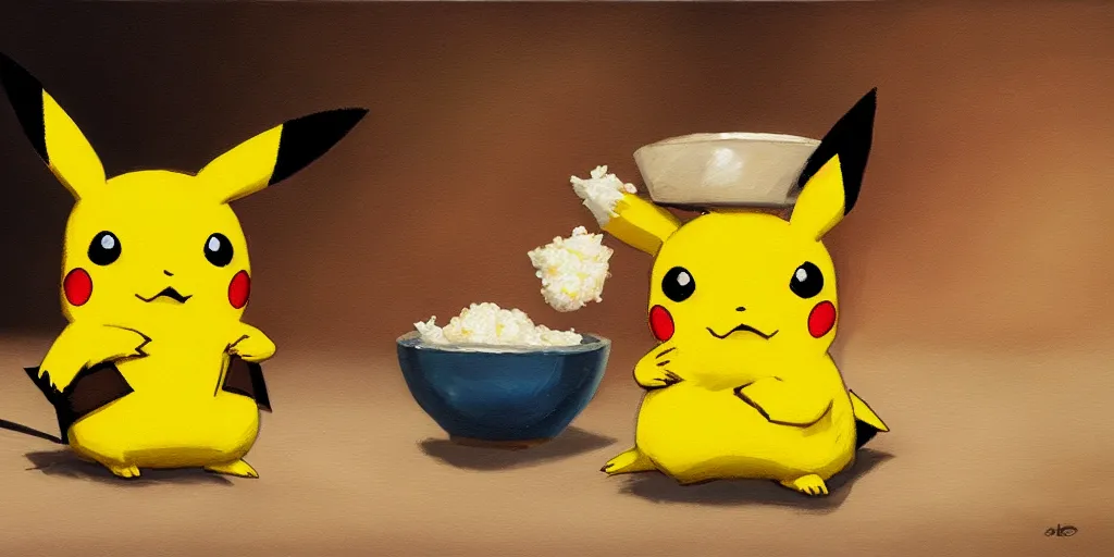 Image similar to pikachu eating onigiri, cinematic lighting, detailed oil painting, 8k