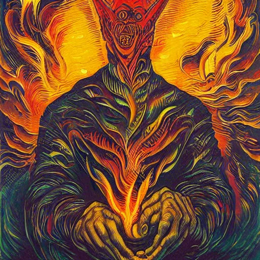 Image similar to anthropomorphic god of fire, surreal by dan mumford and umberto boccioni, oil on canvas