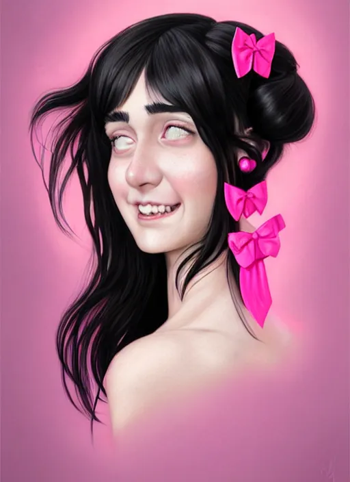 Image similar to portrait of high school girl, realistic, black hair, bangs, half updo hairstyle, pointy nose, skinny, smile, ugly, defined jawline, big chin, pink hair bow, earrings, intricate, elegant, glowing lights, highly detailed, digital painting, artstation, sharp focus, illustration, art by wlop, mars ravelo and greg rutkowski