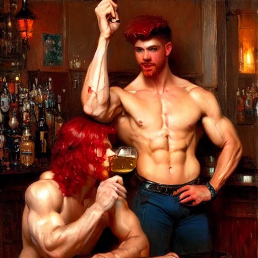 Prompt: attractive muscular male with red hair with muscular attractive male with black hair, drinking their hearts out, in a pub. very defined and highly detailed painting by gaston bussiere, j. c. leyendecker, craig mullins 8 k