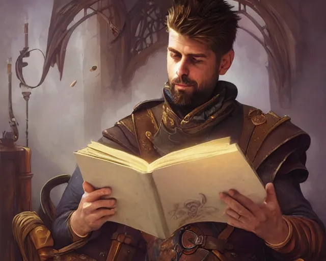 Image similar to gerard pique reading a book, deep focus, d & d, fantasy, intricate, elegant, highly detailed, digital painting, artstation, concept art, matte, sharp focus, illustration, hearthstone, art by artgerm and greg rutkowski and alphonse mucha