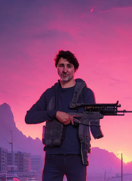 Image similar to highly detailed portrait justin trudeau in ( ( fuschia hoody ) ) holding ar - 1 5! in gta v stephen bliss unreal engine fantasy art by greg rutkowski loish rhads ferdinand knab makoto shinkai lois van baarle ilya kuvshinov rossdraws tom bagshaw global illumination radiant light detailed intricate environment