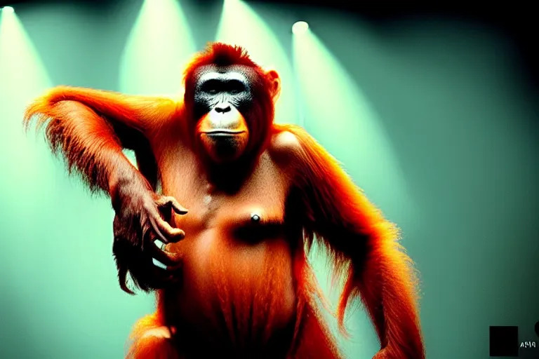 Image similar to vfx film, singing orangutan rockstar onstage concert, flat color profile low - key lighting award winning photography arri alexa cinematography, hyper real photorealistic cinematic beautiful, atmospheric cool colorgrade