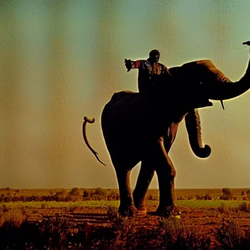 Image similar to film matrix ( 1 9 9 9 ) film still of shot of an tribal african man riding an elephant alone on the savannah, extreme long shot, 4 k, award winning