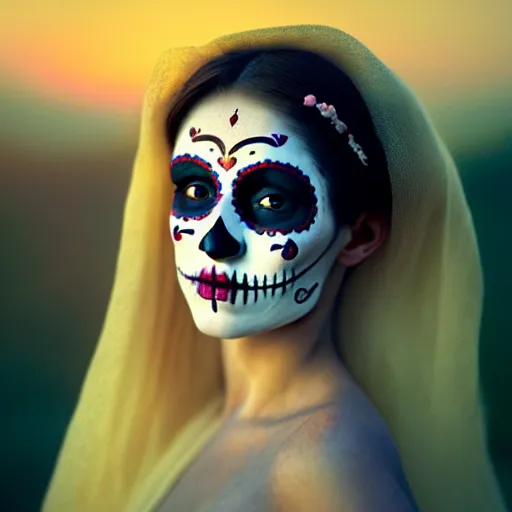 Prompt: photographic portrait of a stunningly beautiful renaissance day of the dead female in soft dreamy light at sunset, contemporary fashion shoot, by edward robert hughes, annie leibovitz and steve mccurry, david lazar, jimmy nelsson, breathtaking, 8 k resolution, extremely detailed, beautiful, establishing shot, artistic, hyperrealistic, beautiful face, octane render