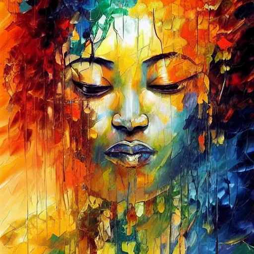 Image similar to strikingly beautiful african bodhisattva, praying meditating, realism, elegant, intricate, portrait photograph!! by leonid afremov and carne griffiths