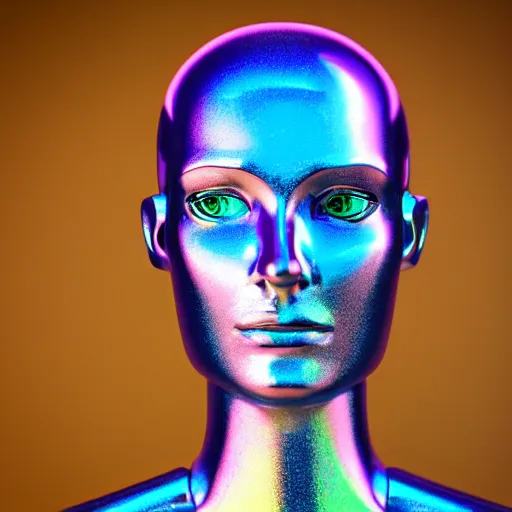 Image similar to 3d render of holographic human robotic head made of glossy iridescent, surrealistic 3d illustration of a human face non-binary, non binary model, 3d model human, cryengine, made of holographic texture, holographic material, holographic rainbow, concept of cyborg and artificial intelligence