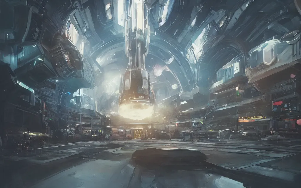 Prompt: large teleporter in space inside a bustling space market, concept art, digital art, illustration, sharp focus, octane render, by julian calle, trending on artstation