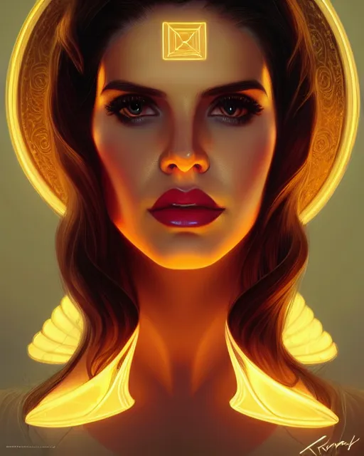 Image similar to symmetry portrait of lana del rey, glam, deco, glowing lights intricate, elegant, highly detailed, digital painting, artstation, concept art, smooth, sharp focus, illustration, art by artgerm and greg rutkowski and fra angelico and alphonse mucha