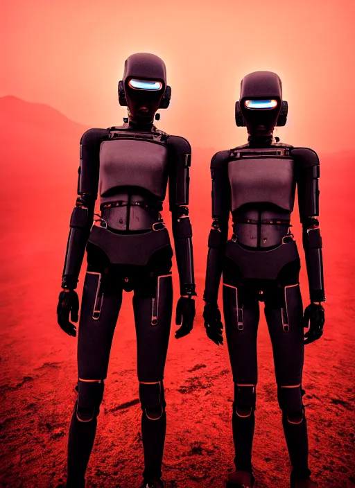 Prompt: cinestill 5 0 d candid photographic portrait by steve mccurry of two loving female androids wearing rugged black mesh techwear on a desolate plain with a red sky, extreme closeup, modern cyberpunk, dust storm, 8 k, hd, high resolution, 3 5 mm, f / 3 2, ultra realistic faces, ex machina