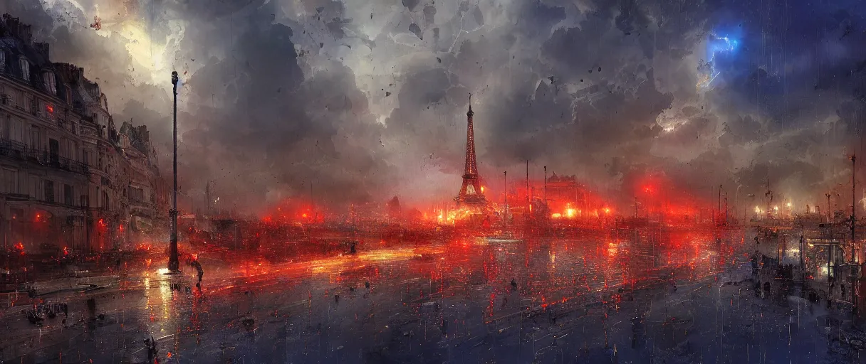 Prompt: paris!!, dystopian, storm, lightnings, blue and red ( ( light ) ), very detailed picture, by marc simonetti