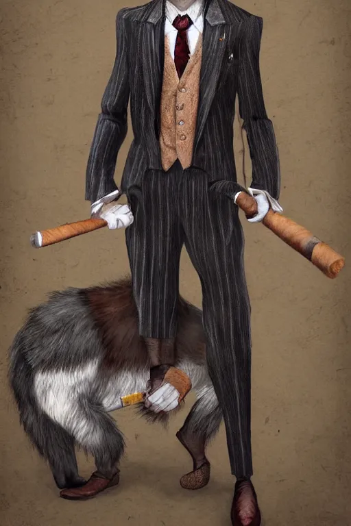 Image similar to beautiful portrait commission of a male furry anthro mountain goat wearing a pinstripe suit and waistcoat, smoking a cigar, hooves!, award-winning character art, detailed, trending on artstation