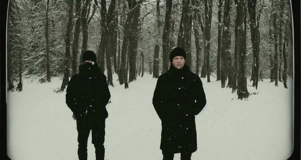 Image similar to vintage polaroid photograph of a man wearing black winter clothes and a black beanie in a snowy forest, standing next to a car