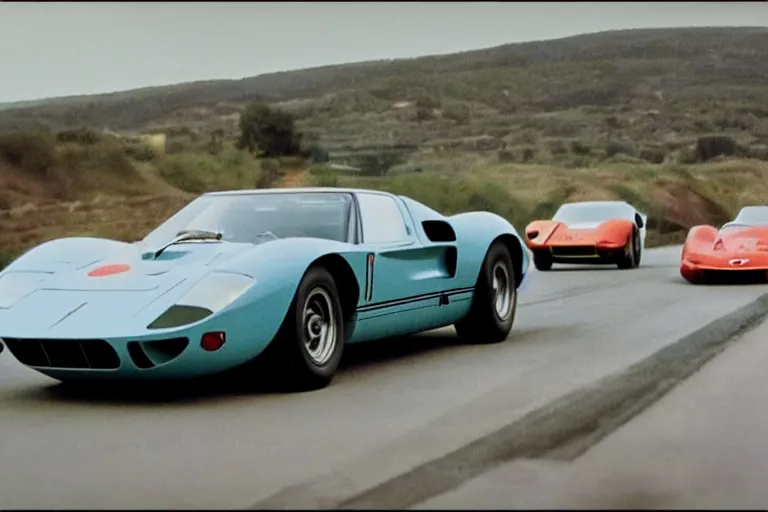 Prompt: vintage race footage of a single 1965 GT40 with elements of the F40, De Tomaso, Lotus, BMW M1, Pantera and Countach, movie still, speed, cinematic Eastman 5384 film