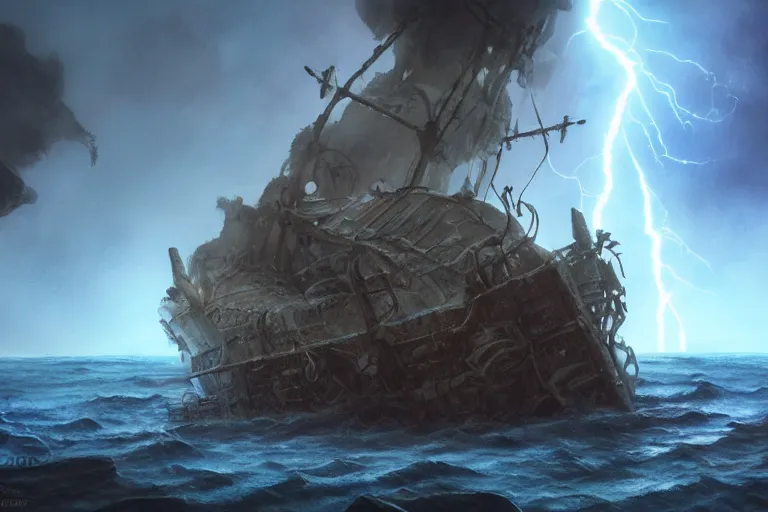 Prompt: a wrecked pirate ship on the reef, hostile rocks, storm, lightnings, dark atmosphere, by John Howe, 4K, unreal engine 5, teal and dark blue color scheme, darker