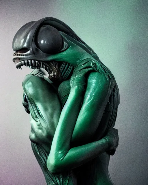 Prompt: xenomorph hugging pale sad beauty, dark emerald mist colors, giger background liminal void, cinematic lighting, realistic, award winning photograph, various refining methods, micro macro autofocus