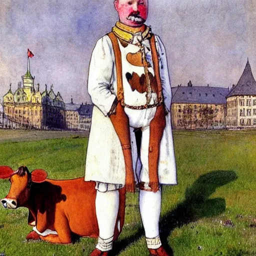 Prompt: painting by carl larsson, cow, dressed, anthropomorphic!!, wearing!!! clothes!!!, standing next to royal castle!!!