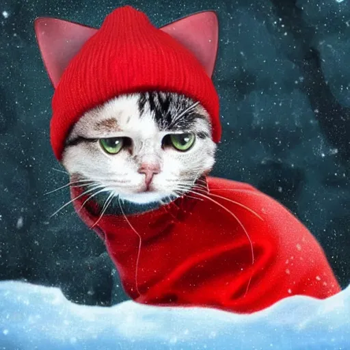 Image similar to a cat wearing a red beanie covering its face with black ski goggles, photorealistic