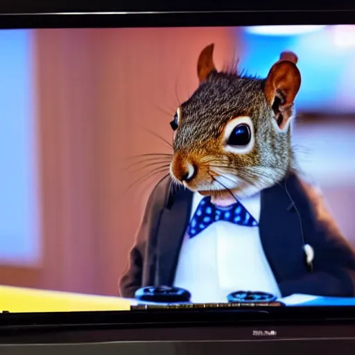 Image similar to a squirrel discusses international affairs, wearing a suit, on the evening news, realistic television still