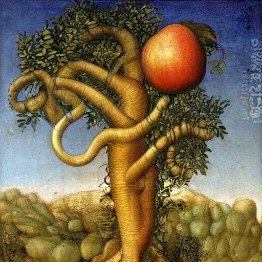 Image similar to the snake in the garden of eden holding a golden apple in its hand, coiled around a tree. painted by leonardo davinci