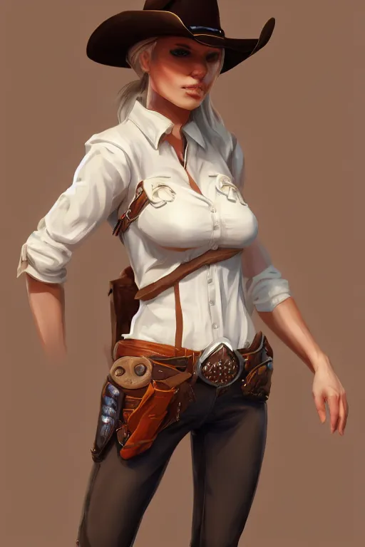 Image similar to full body, female cowgirl, perfect face, white blouse, holster, 8 k, magic the gathering, desert, d & d, artstation, high detail, smooth, sweaty character concepts by senior concept artist