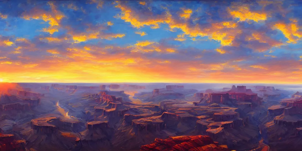 Image similar to New York City, Grand Canyon, sunrise, cinematic lighting, detailed oil painting, hyperrealistic, 8k