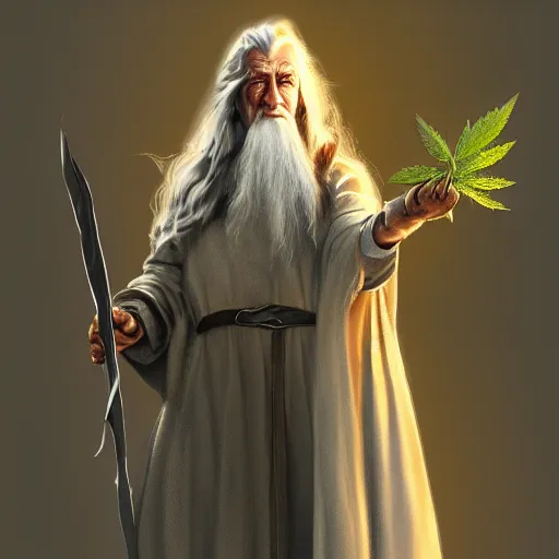 Image similar to Gandalf holding a marijuana plant, digital art, highly detailed, trending on artstation