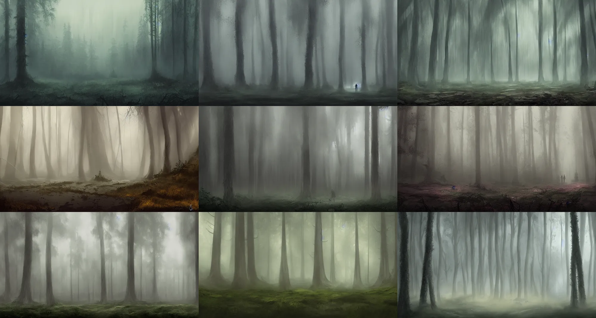 Prompt: a matte painting of a misty forest, marvel cinematic universe concept art, good value control, concept art, digital painting, sharp focus, symmetrical, 4k, illustration, rule of thirds, sci-fi, elden ring, centered, moody colors, moody lighting, atmospheric