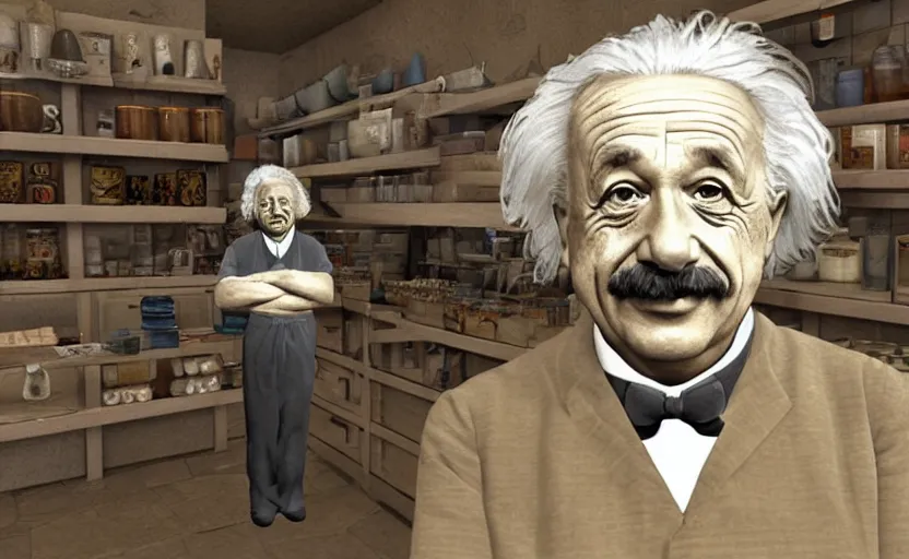 Prompt: Albert Einstein as Skyrim shop keeper. Iinterior, full color, 3d render, game engine, polygons