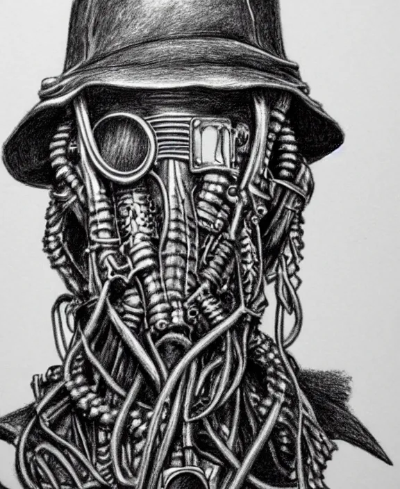 Image similar to a detailed pencil portrait of a steampunk davy jones