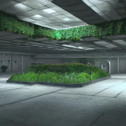 Image similar to screenshot of game on unreal engine 5, in a liminal underground garden, photorealistic, retrofuturism, brutalism, staggered terraces, minimalist, soft vintage glow