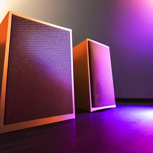 Image similar to 2 large speakers covered with a delicate psychedelic texture, octane render, hyper detailed render, volumetric light, ultra realistic,