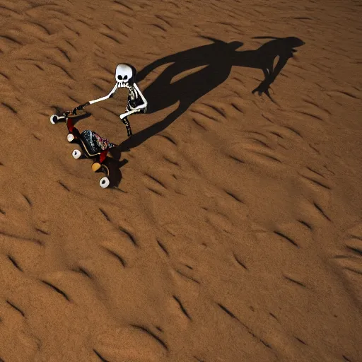 Prompt: Skeleton skateboarding desert background, 4k, concept art