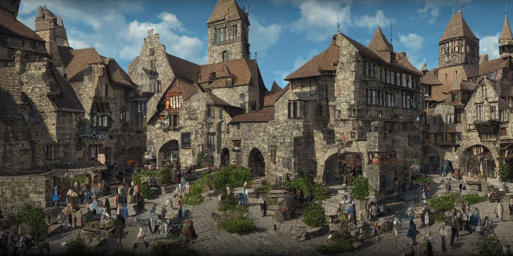 Image similar to scene from a thriving medieval town, imposing stone building in the center, lots of people going about their business, fantasy setting, highly detailed, albert bierdstat, manelbulb 3 d, high resolution, 8 k, photorealism, unreal engine, octane render, artstation