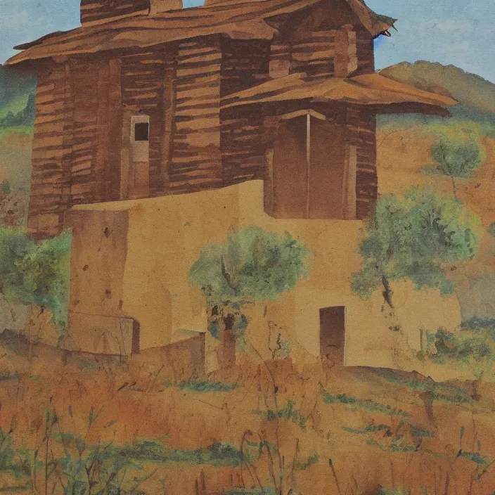 Image similar to a building in a serene landscape, tribal painting