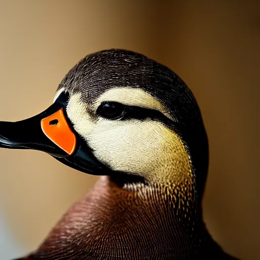 Image similar to A high detail closeup shot of a duck wearing a suit