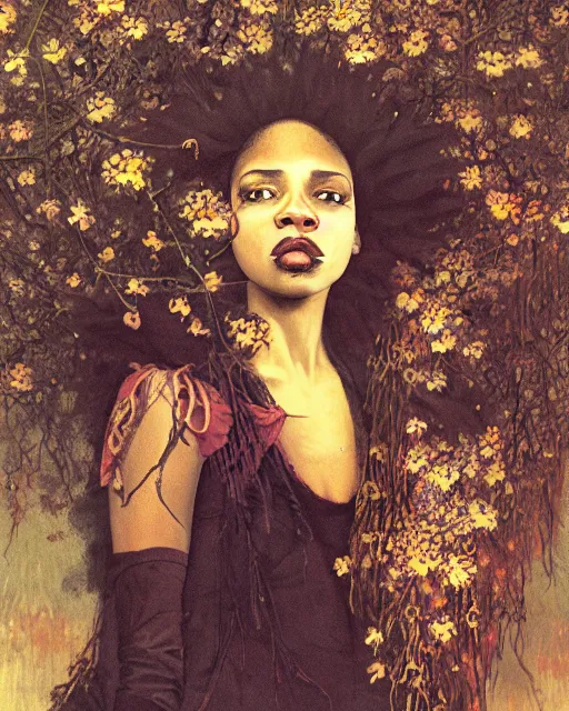 Image similar to a beautiful but creepy young black woman in layers of fear, with haunted eyes, violence in her eyes, wearing a punk outfit, 1 9 7 0 s, seventies, delicate embellishments, a little blood, woodland, moonlight shining on wildflowers, painterly, offset printing technique, by alexandre cabanel