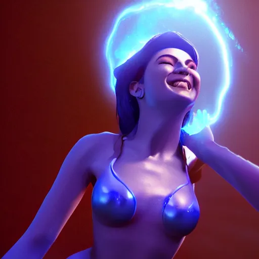 Image similar to blue plasma energy goddess smiling down on creation, dramatic lighting, hdr, hyper realistic, octane, unreal, blender, raytracing, trending on artstation