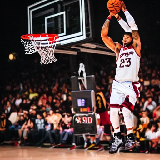 Prompt: photo of asian lebron james as an asian dunking a basketball, nikon d 7 3 0