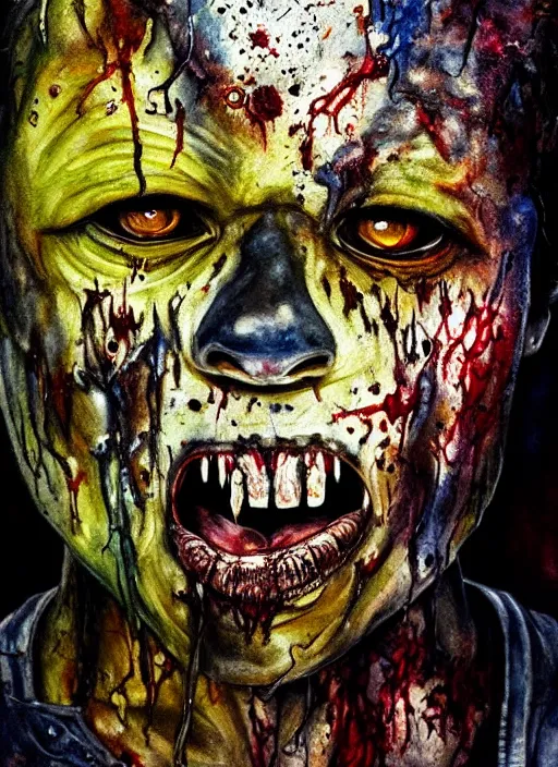 Image similar to african american zombie hollywood artwork professional acting headshot, hyperrealism, intricate detail, studio lighting, charming expression gesicht, hauntingly beautiful zombie, watercolor art, epic, legendary, drawn and painted, colored layers, dulled contrast, exquisite fine art, splatterpaint