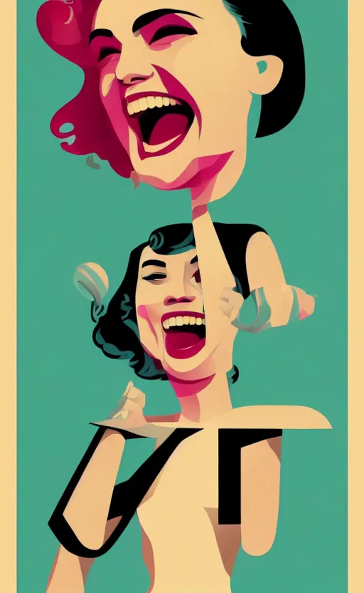Prompt: illustration portrait of a woman laughing out loud, art deco painting by tom whalen, funny meme photo, trending on behance, digital illustration, storybook illustration, grainy texture, flat shading, vector art, airbrush, pastel, watercolor, poster