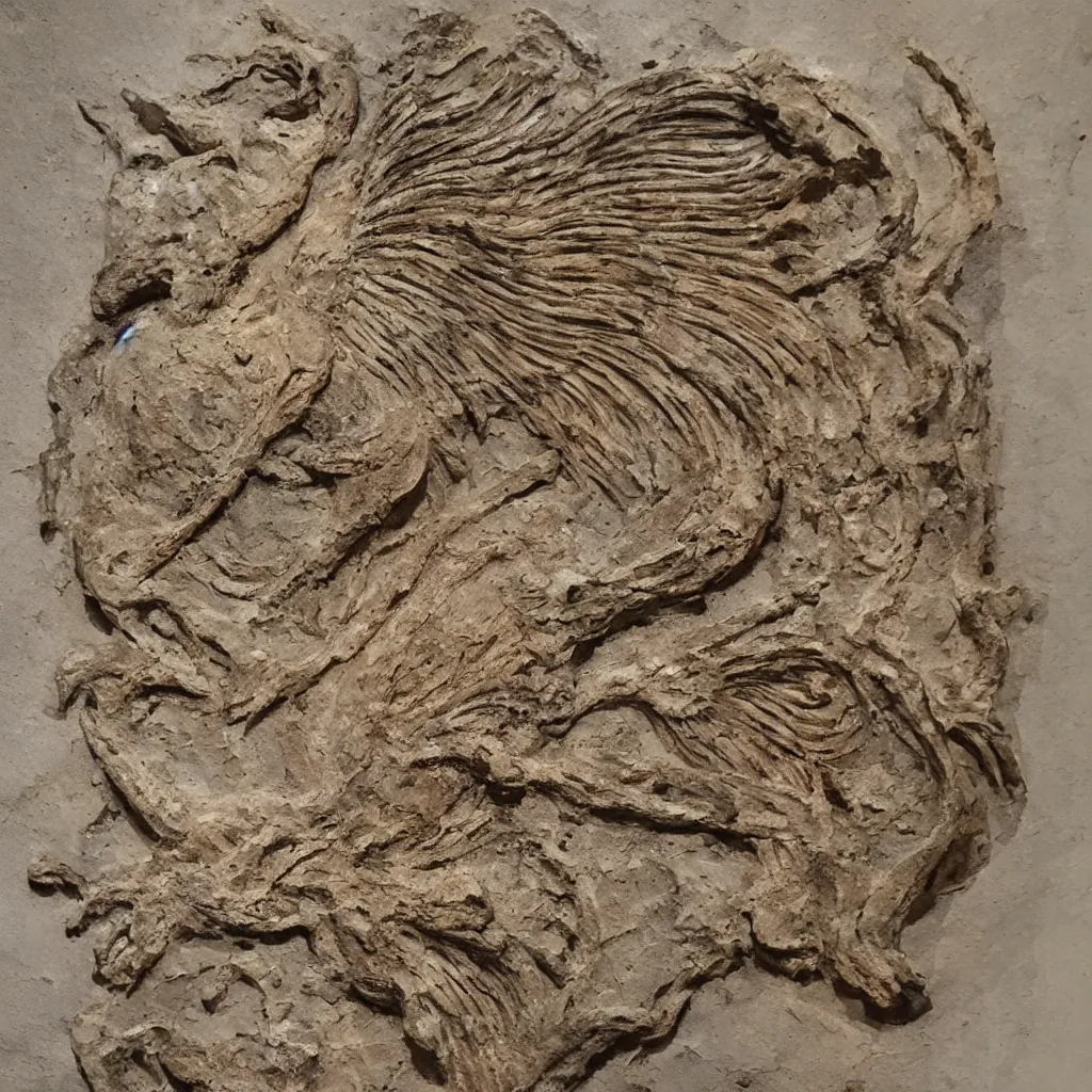 Image similar to a fossilized phoenix, museum photo