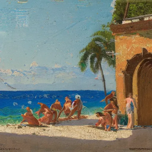 Image similar to oil paint impasto reliefs, italian beach scene, an artwork by charles w. bartlett