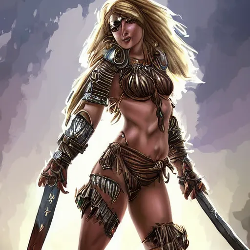 Prompt: digital art of female warrior in bikini armor in highly detailed fantasy jungle