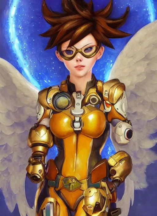 KREA - full body oil painting of tracer overwatch in the style of artgerm,  angel wings, angelic golden armor, dramatic painting, symmetrical  composition, ornate, high detail, gold detailed collar!!!!!, blooming,  lights, flowers