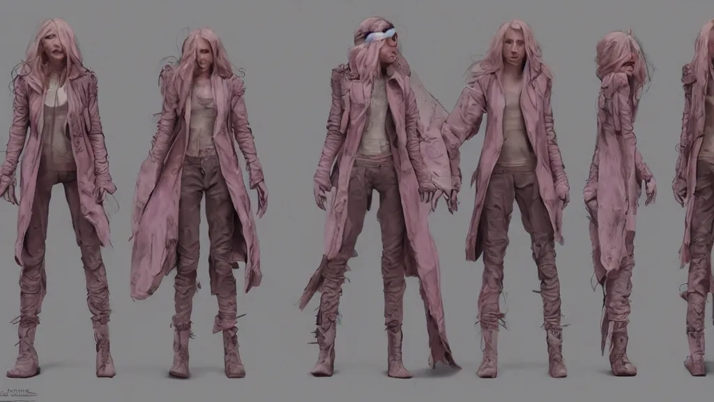 Prompt: character sheet for a light pink long haired beautiful realistic female for futuristic baggy jacket dystopian mad max like fashion brand demobaza on an alien planet, impact by craig mullins, by studio ghibli, digital art, trending on artstation, hd, 8 k, highly detailed, good lighting, beautiful, masterpiece